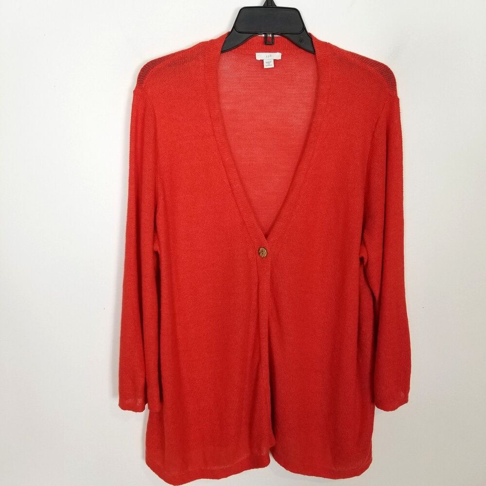 J.Jill‎ Women's Linen Blend Long Sleeve Cardigan sz 2X Red One Button Sweater